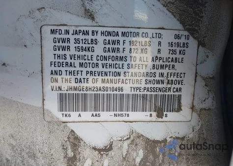 2010 Honda Fit из США, поврежденный, VIN JHMGE8H23AS010496